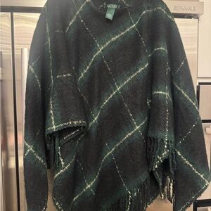 Lauren Ralph Lauren Black and Dark Green Plaid Fringe Poncho